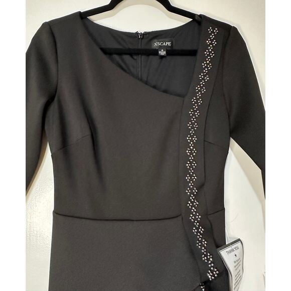 Xscape Ruched Black Gown Dress Size 4 NWT Ruffle Design Beaded Embellishments - Picture 3 of 16
